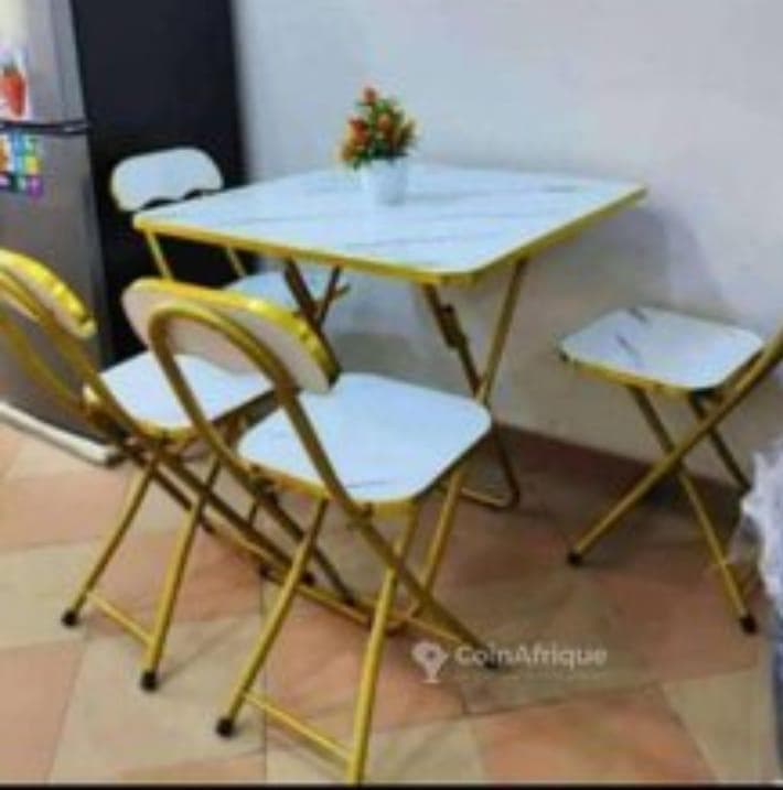 Folding Table & 4 Chairs Set – Marble White & Gold