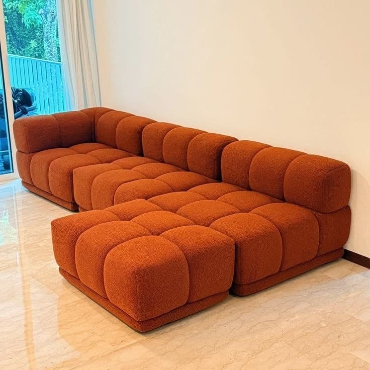 Burnt Orange Boucle Modular Sectional with Ottoman