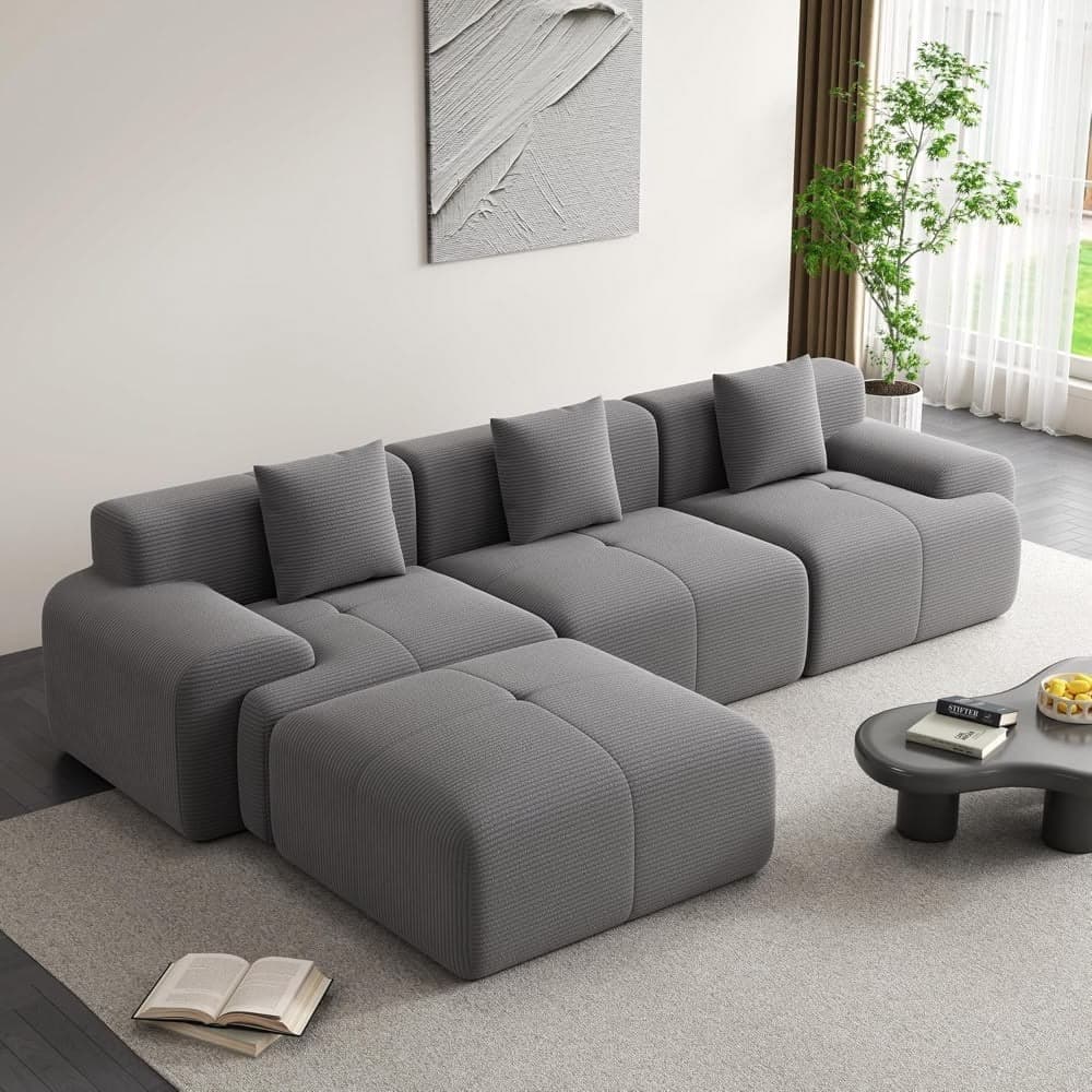 Grey Corduroy Modular Sectional with Ottoman