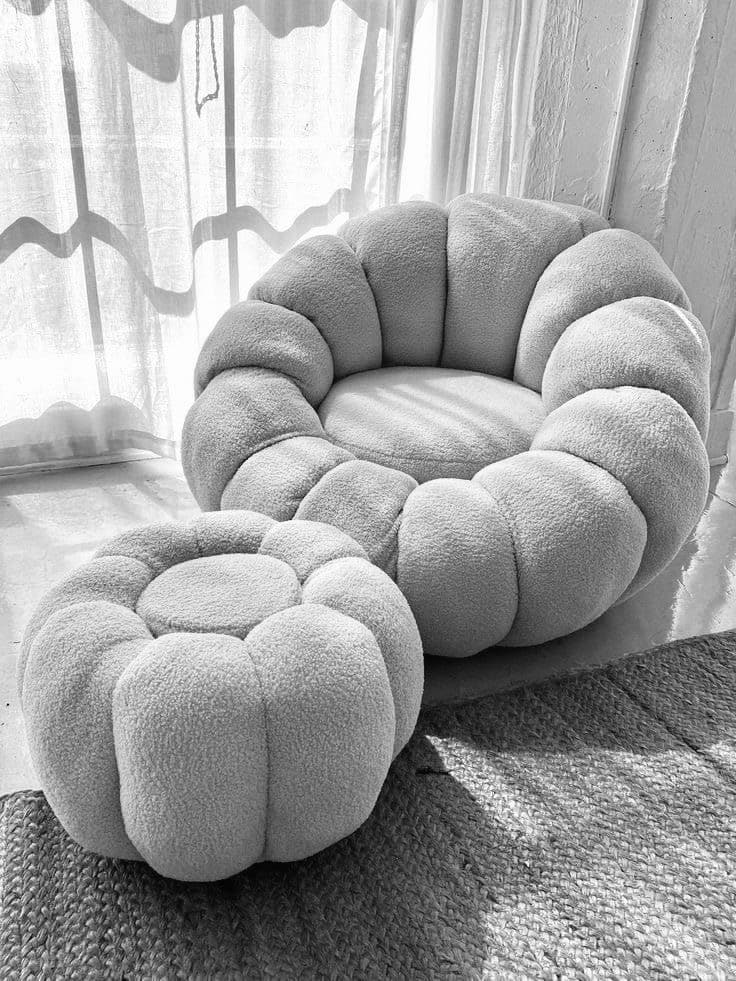 Grey Boucle Pumpkin Armchair with Ottoman