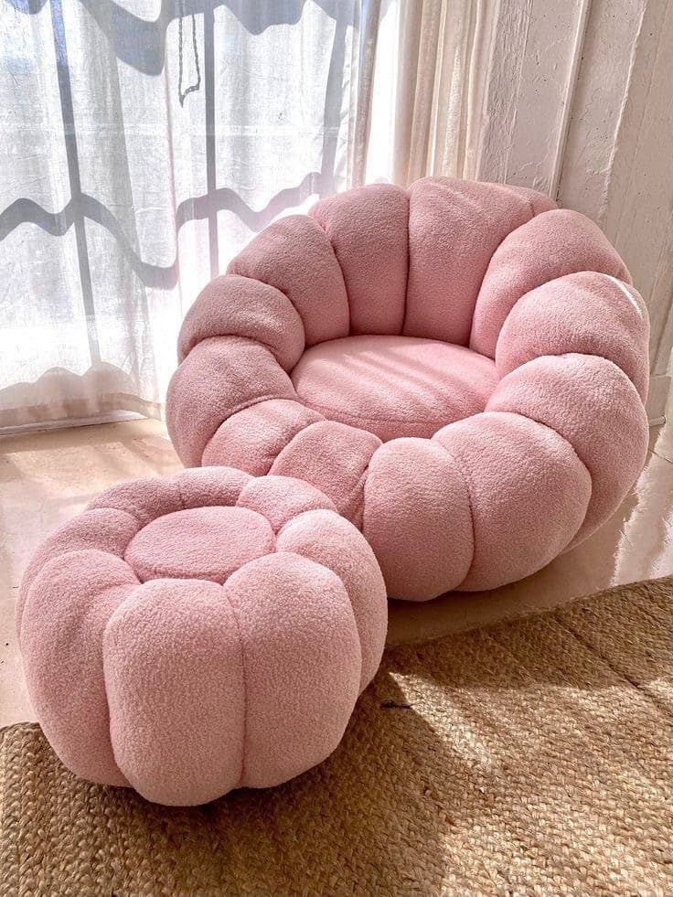 Pink Boucle Pumpkin Armchair with Ottoman