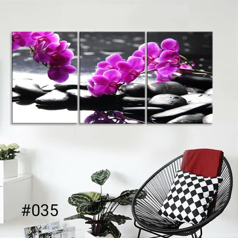 Purple Orchids & Zen Stones – 3-Panel Canvas